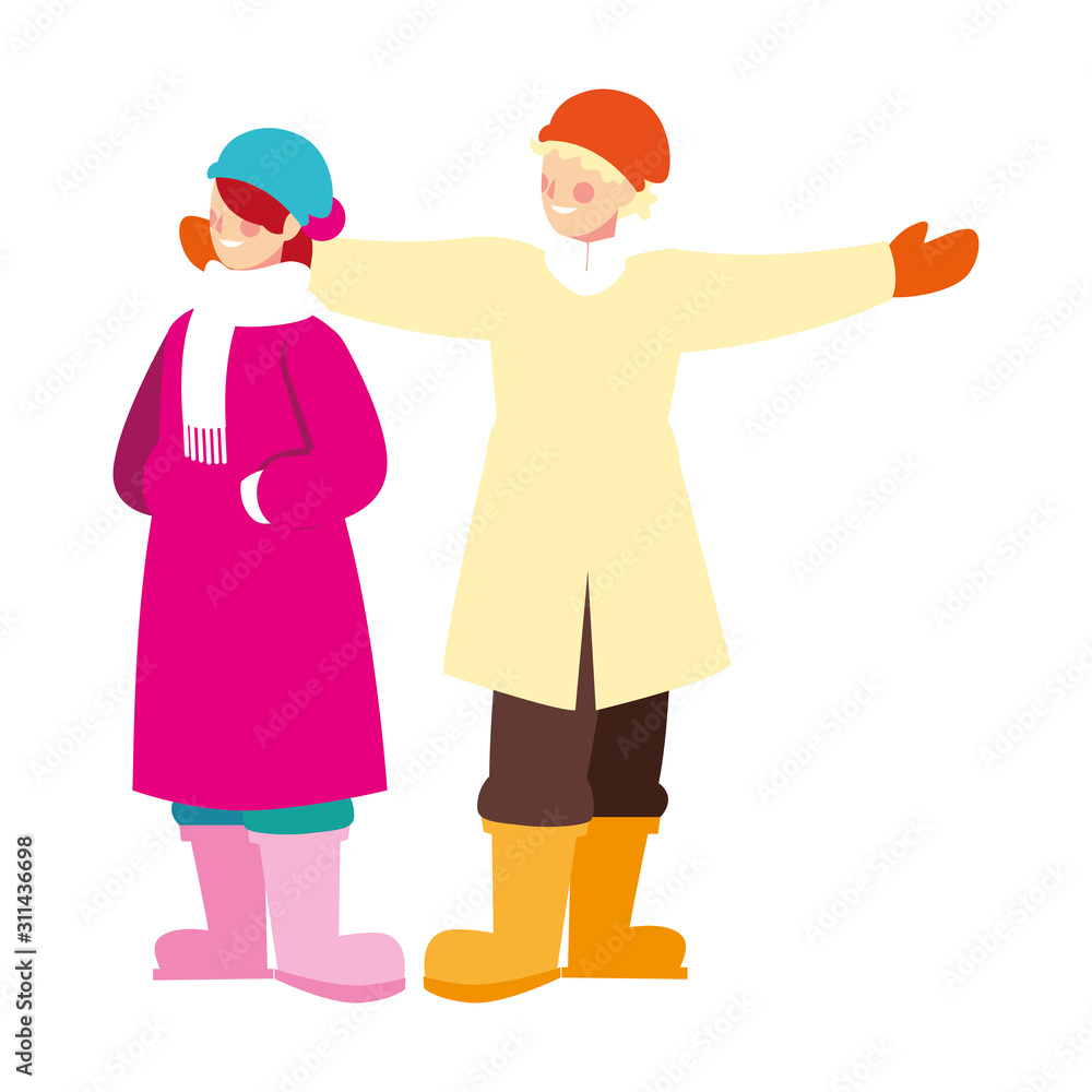 couple of people standing with winter clothes on white background couple of people standing with winter clothes on white background