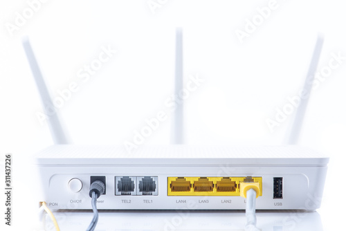 Wireless router connected to network on white background