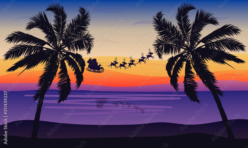 Santa claus flying palm landscape, vector art illustration.