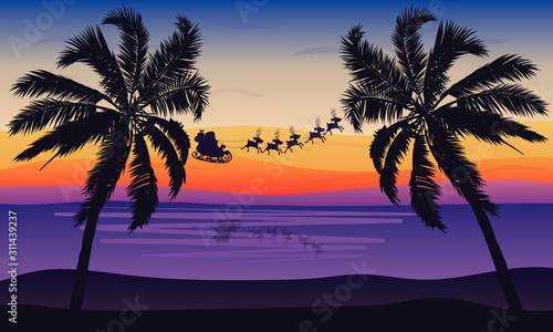 Santa claus flying palm landscape  vector art illustration.