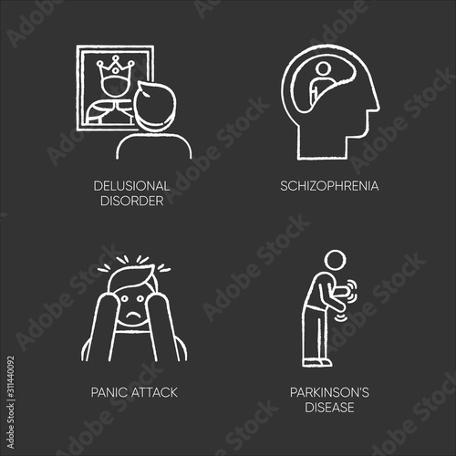 Mental disorder chalk icons set. Delusional person. Schizophrenia. Panic attack. Parkinson disease. Confused mind. Dementia. Tremor in movement. Isolated vector chalkboard illustrations