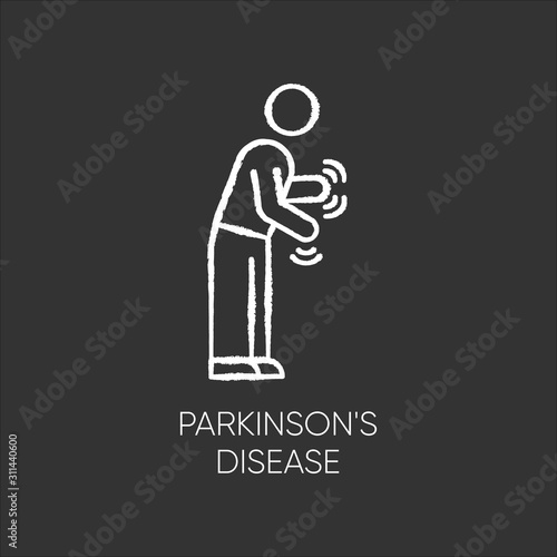 Parkinson's disease chalk icon. Movement, walking difficulty. Shaking and rigidity. Parkinsonism. Parkinsonian syndrome. Mental health. Psychiatry, neurology. Isolated vector chalkboard illustration
