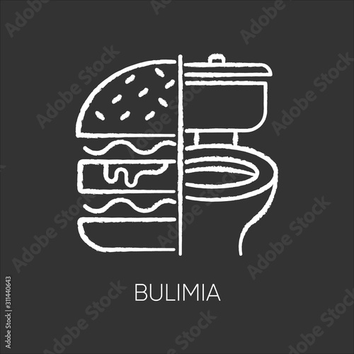 Bulimia chalk icon. Eating disorder. Depression and anxiety. Vomiting food in bathroom. Unhealthy hunger. Binge eating from stress. Mental disorder. Isolated vector chalkboard illustration