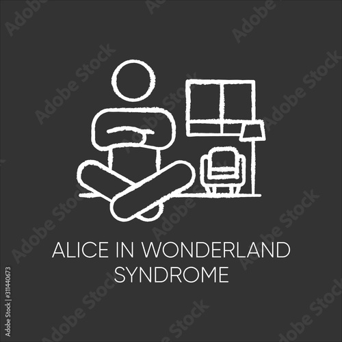 Alice in wonderland syndrome chalk icon. Visual perception. Size distortion. Dysmetropsia. Impaired vision and disorientation. Rare mental disorder. Isolated vector chalkboard illustration
