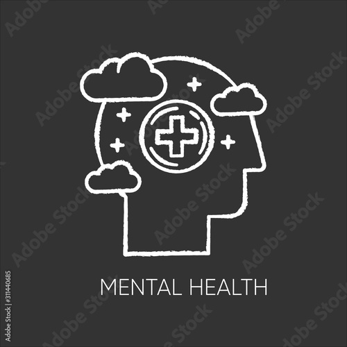 Mental health chalk icon. Emotional wellness. Treatment and consultation. Stress relief. Psychological support. Calm mind. Psychiatric help. Neurology. Isolated vector chalkboard illustration