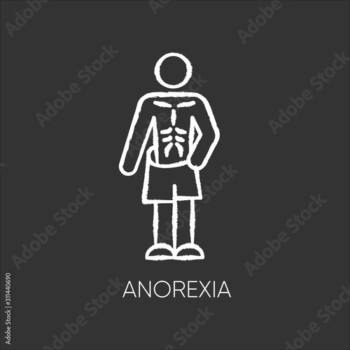 Anorexia chalk icon. Eating disorder. Underweight body mass. Anxiety and depression. Slim and skinny person. Unhealthy weight loss. Mental health. Isolated vector chalkboard illustration