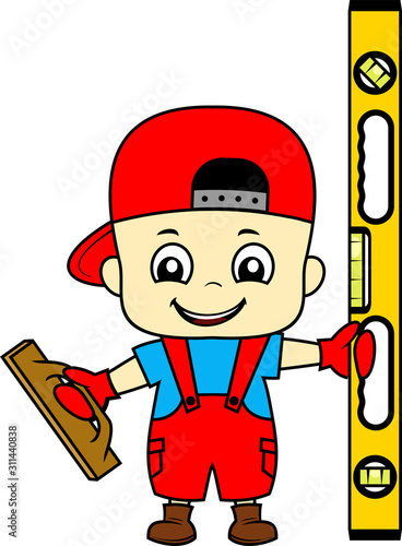 vector cartoon cute kid plasterer worker with plastering trowel and spirit level