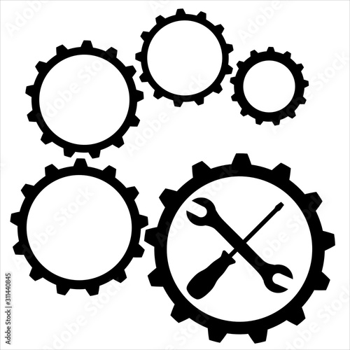 Black Maintenance symbol - wrench and screwdriver in gear icon isolated on white background. Service tool symbol.