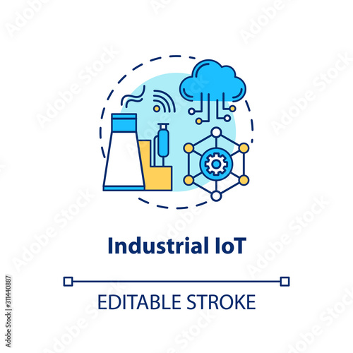 Industrial IoT concept icon. Manufacturing automatization idea thin line illustration. Industrial internet. Modern technologies. Smart industry. Vector isolated outline drawing. Editable stroke