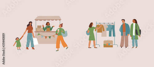 Vector illustration in flat simple style with cartoon characters - flea market poster and banner - people buying and selling second hand clothes and things at street fair