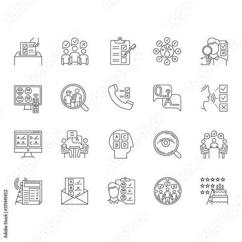 Survey methods linear icons set. Interview. Online, telephone poll. Rating. Public opinion. Customer review. Feedback. Thin line contour symbols. Isolated vector outline illustrations. Editable stroke