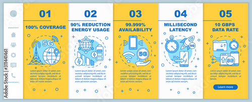 5G technologies onboarding mobile web pages vector template. 100% coverage. Responsive smartphone website interface idea with linear illustrations. Webpage walkthrough step screens. Color concept
