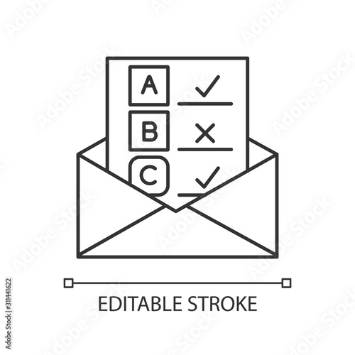 Email survey linear icon. Public opinion. Research. Consumer review. Customer satisfaction. Feedback. Thin line illustration. Contour symbol. Vector isolated outline drawing. Editable stroke