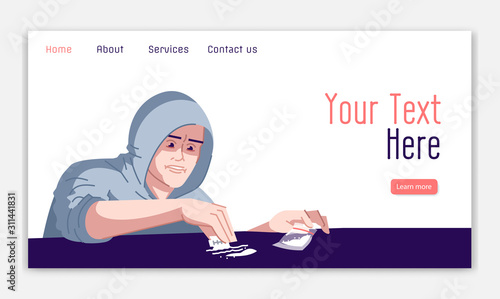 Cocaine addiction landing page vector template. Use of psychotropic substances danger website interface idea with flat illustrations. Dependency homepage layout. Web banner, webpage cartoon concept