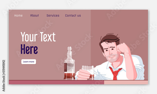 Alcoholic addiction landing page vector template. Alcoholism website interface idea with flat illustrations. Drunkenness homepage layout. Boozing web banner, webpage cartoon concept