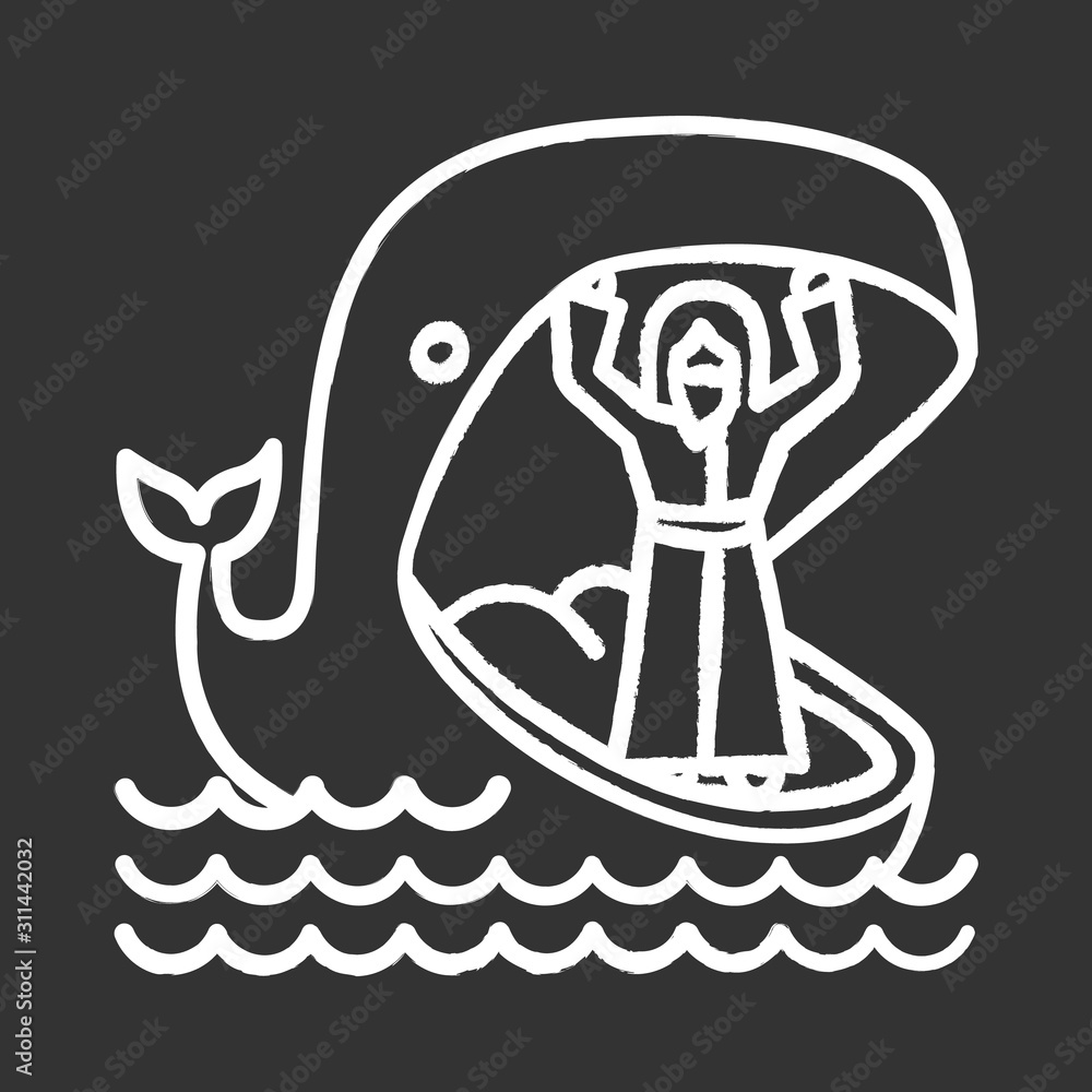 Jonah and whale chalk icon. Old Testament story. Jonahs miraculous return from jaws of huge fish. Repentance and forgiveness. Bible narrative. Isolated vector chalkboard illustration Jonah and whale chalk icon. Old Testament story. Jonahs miraculous return from jaws of huge fish. Repentance and forgiveness. Bible narrative. Isolated vector chalkboard illustration