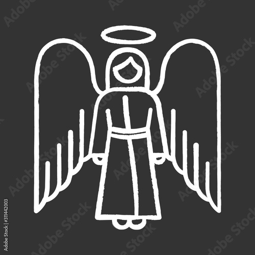 Angel chalk icon. Biblical archangel. Human figure in robe with wings and halo. Christmas holy angel. Gods messenger. Bible narrative. Christian symbol. Isolated vector chalkboard illustration