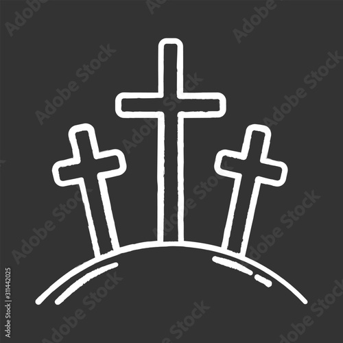 Calvary hill chalk icon. Three crosses at Golgotha mountain. Crucifixion of Jesus Christ. Good Friday. New Testament. Bible narrative. Christian symbol. Isolated vector chalkboard illustration