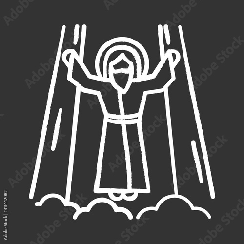Ascension of Jesus Christ chalk icon. Messiah, the son of god raising on cloud in divine light. Savior in heaven in glory. Bible easter story. New Testament. Isolated vector chalkboard illustration