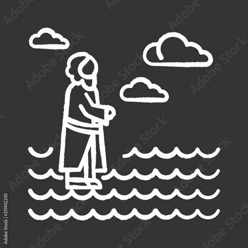 Jesus walking on water chalk icon. Miracles of Jesus Christ. Savior on water surface offering open hand and waching to heaven. New Testament. Bible narrative. Isolated vector chalkboard illustration