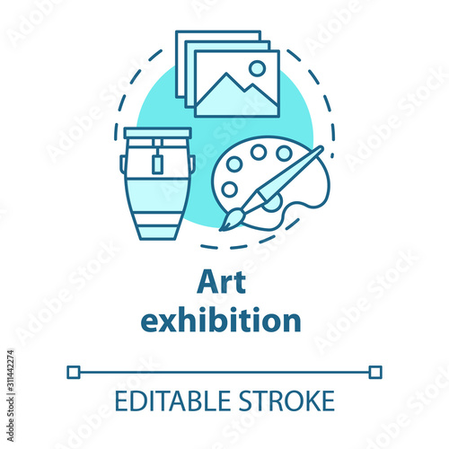 Art exhibition concept icon. Drawing and paintings exposition. Cultural piece. Artwork showcase. Gallery exposition idea thin line illustration. Vector isolated outline drawing. Editable stroke