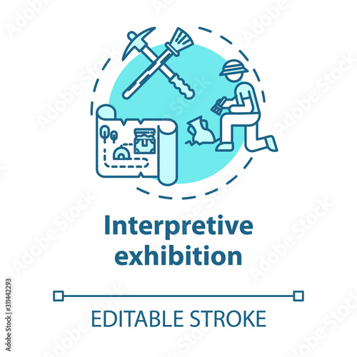 Interpretive exhibition concept icon. Archeology and anthropology. Ancient history. Interactive museum exposition idea thin line illustration. Vector isolated outline drawing. Editable stroke