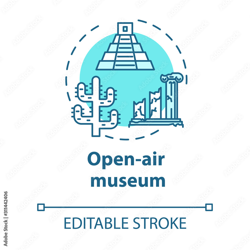Naklejka premium Open-air museum concept icon. Historical architecture exhibition. Temple ruins and colonnade. Archeological exposition idea thin line illustration. Vector isolated outline drawing. Editable stroke
