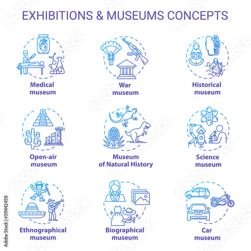 Museum exhibition concept icons set. Ethnographical and biographical exposition. Natural history. Open-air display idea thin line illustrations. Vector isolated outline drawings. Editable stroke