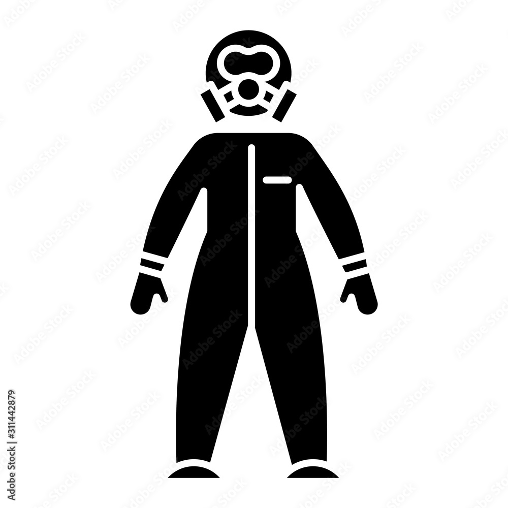 Protective suit glyph icon. Chemical industries. Biohazard, radioactive protection. Safety of worker. Organic chemistry. Silhouette symbol. Negative space. Vector isolated illustration Protective suit glyph icon. Chemical industries. Biohazard, radioactive protection. Safety of worker. Organic chemistry. Silhouette symbol. Negative space. Vector isolated illustration