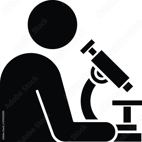 Man with microscope glyph icon. Scientist at work. Organic chemistry. Laboratory research. Conducting biological experiments. Silhouette symbol. Negative space. Vector isolated illustration