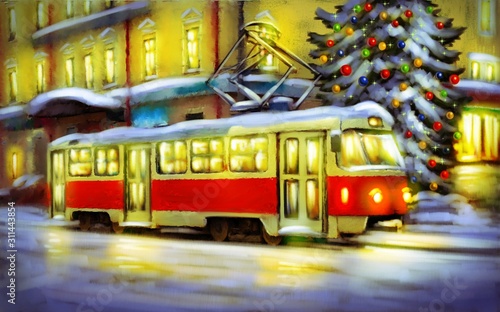 Oil paintings winter landscape, red tram in city. Fine art. New Year