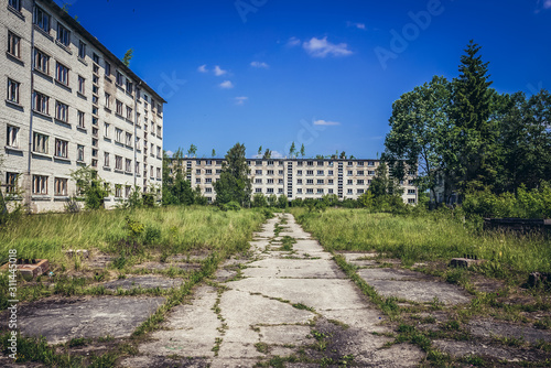 Old residential building Skrunda 1 abandoned Soviet military town and radar station located in Courland region, Latvia