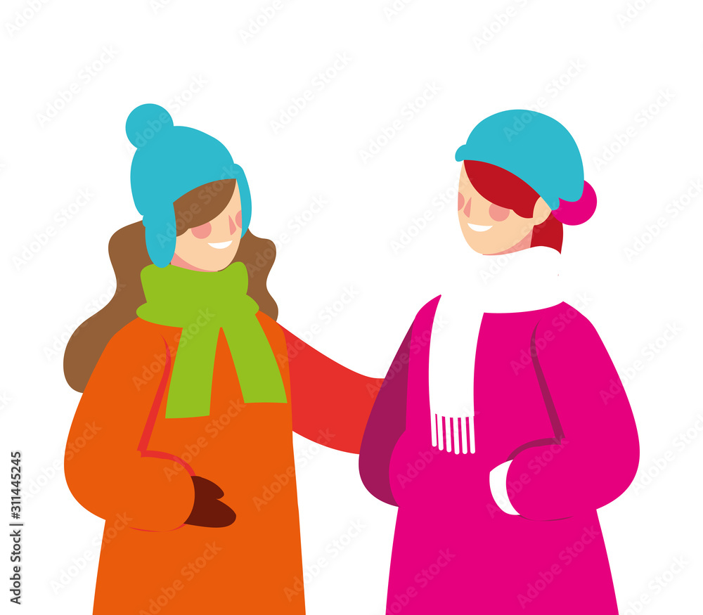 women with winter clothes on white background women with winter clothes on white background