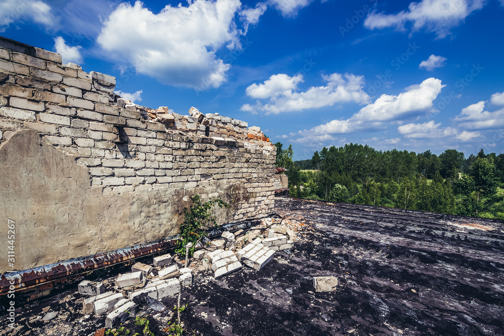 Roof of ruined building in Soviet military ghost town and radar station called Skrunda 1 in Latvia