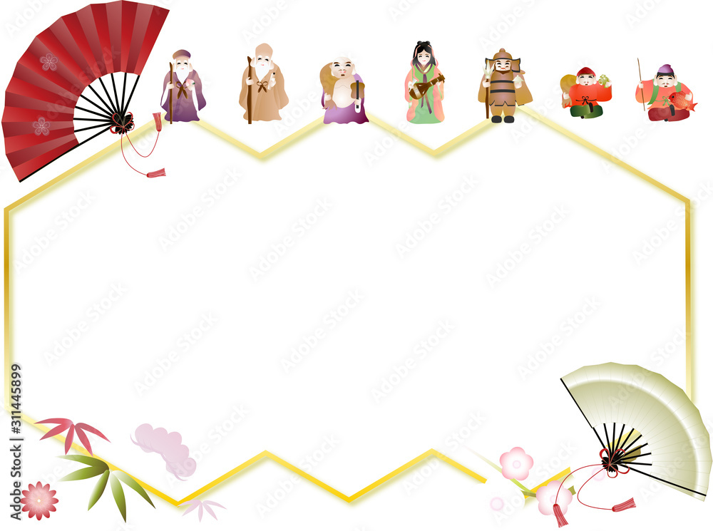 七福神と松竹梅に扇子のイラストキラキラした白色のメッセージボード背景素材 Stock Illustration Adobe Stock