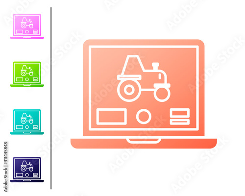 Coral Laptop application for control a autonomous tractor on a smart farm icon isolated on white background. Smart agriculture implement. Set color icons. Vector Illustration