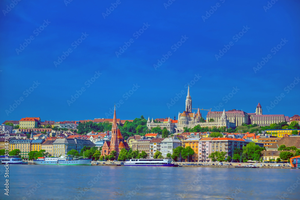A view across the Danube River to the Buda side of Budapest, Hungary.
