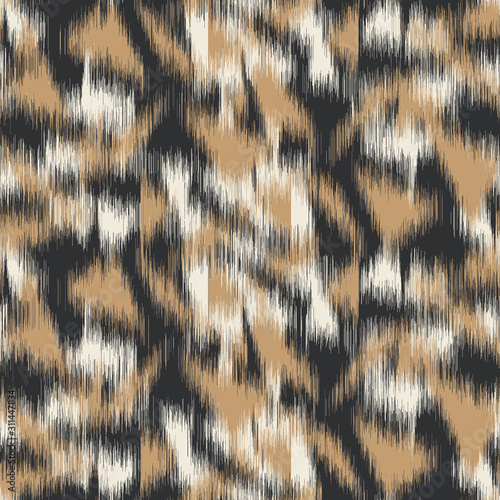 Spliced vector camouflage spots texture. Variegated animal skin background. Seamless camo ikat pattern. Modern distorted mottled textile all over print. Cat leopard fashion disrupted tile repeat.