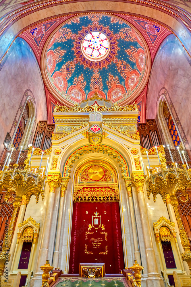 Budapest, Hungary - May 26, 2019 - The Interior of the Dohany Street Synagogue, built in 1859, located in Budapest, Hungary.