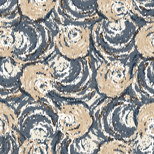 Painterly rose loral motif vector glitch background. Seamless ikat flower repeat pattern. Distressed worn abstract bloom for textile all over print, home decor. Imperfect tapestry effect repeat tile.