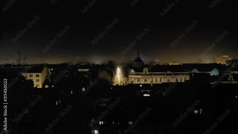 European Cityscape At Night, Zagreb in Croatia, WIDE SHOT