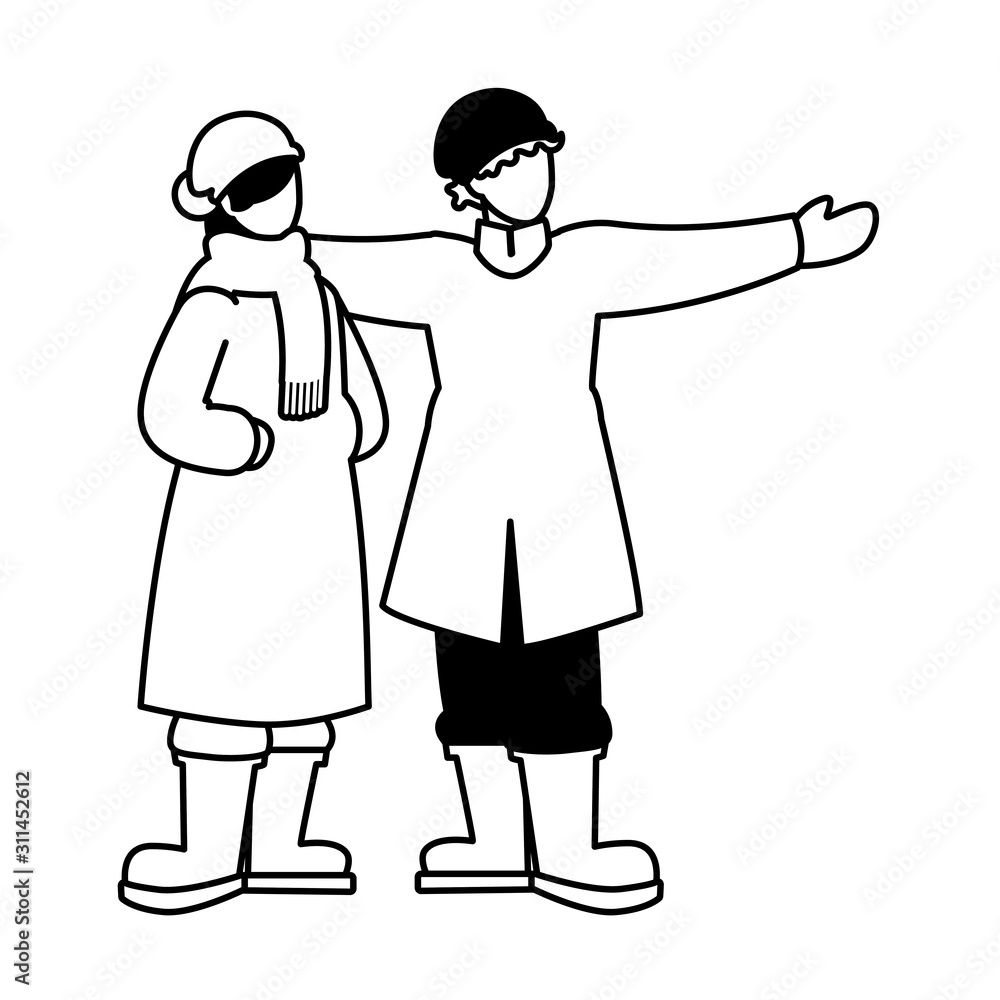 couple of people standing with winter clothes on white background couple of people standing with winter clothes on white background