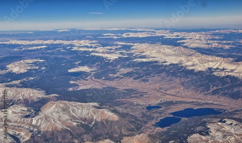 Colorado Rocky Mountains Aerial panoramic views from airplane of abstract Landscapes, peaks, canyons and rural cities in southwest Colorado and Utah. United States of America. USA.