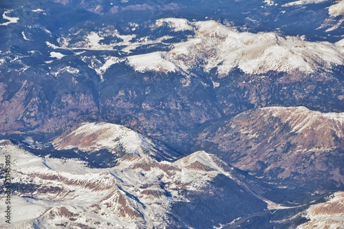 Colorado Rocky Mountains Aerial panoramic views from airplane of abstract Landscapes, peaks, canyons and rural cities in southwest Colorado and Utah. United States of America. USA.