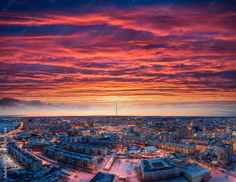 Fototapeta premium Yakutsk city under the red sky
