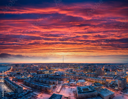 Yakutsk city under the red sky photo