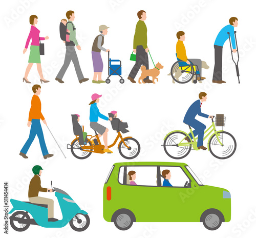 人、自転車、自動車を側面から見たイラスト