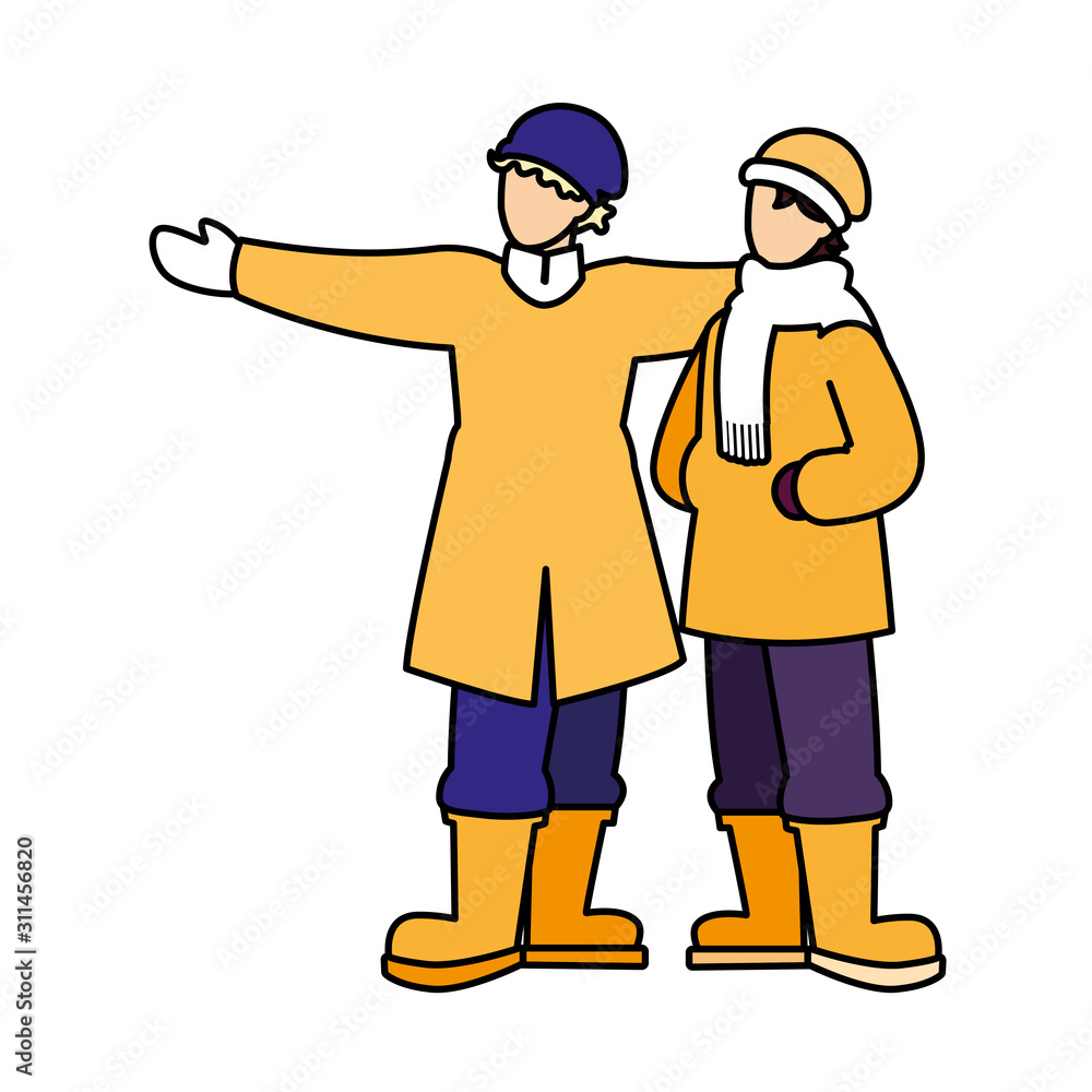 men standing with winter clothes on white background