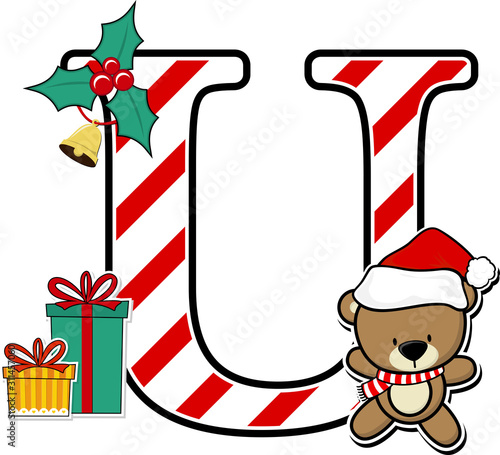capital letter u with cute teddy bear and christmas design elements isolated on white background. can be used for holiday season card, nursery decoration or christmas party invitation