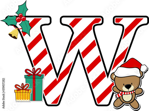 capital letter w with cute teddy bear and christmas design elements isolated on white background. can be used for holiday season card, nursery decoration or christmas party invitation